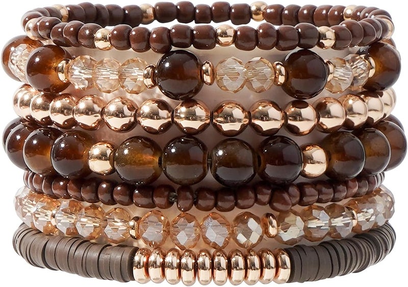 GOOJIDS Surfer Heishi Clay Bead Bracelets for Women Bohemian Stackable Gold Plated Beaded Stretch Bracelets Elastic Layering Friendship Bracelets Set Boho Jewelry - Image 1